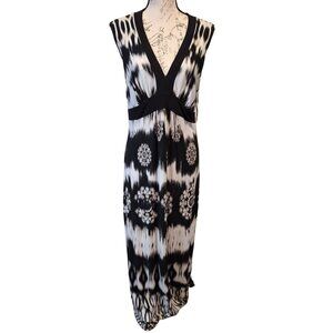 Black & White Abstract Babydoll Maxi Dress Lg  Beach Resort Coastal Effortless‎